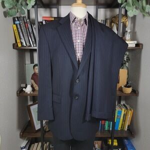 Chaps Men's 2PC Sport‎ Coat Pants Two Button Deep Navy Pinstriped Wool 44L 38x30